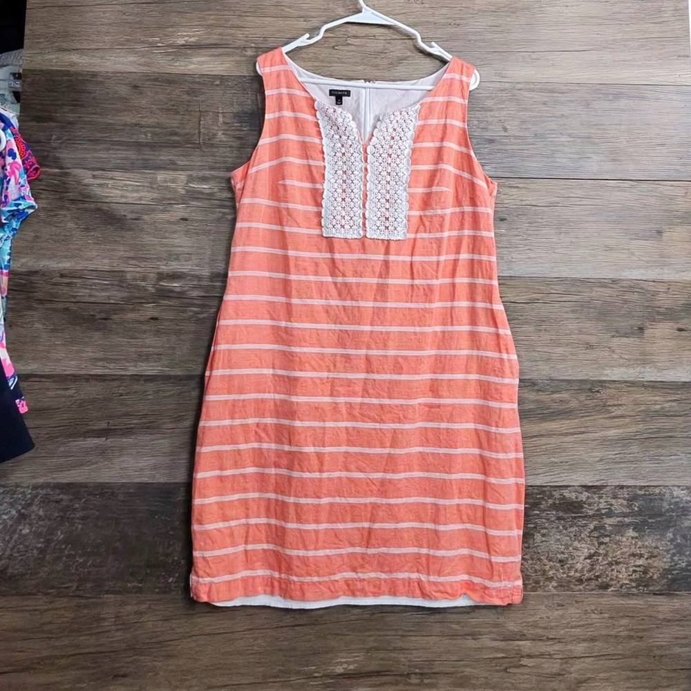 Talbots‎ Coral and White Striped Sleeveless Shift Dress with Lace Placket
